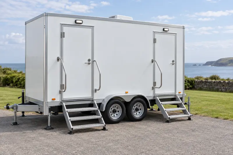 Restroom trailer in an outdoor setting
